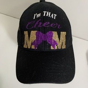 I'm that Cheer Mom Glitter Black Trucker Adjustable Strap Back Ponytail Hat Cap